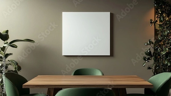 Fototapeta Modern Dining Room Interior Mockup Blank Canvas Wall Art Above Wooden Table with Green Chairs and