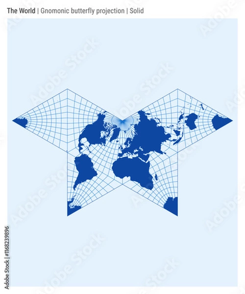 Fototapeta World Map. Gnomonic butterfly projection. Solid style. High detail world map for infographics, education, reports, and presentations. Vector illustration.