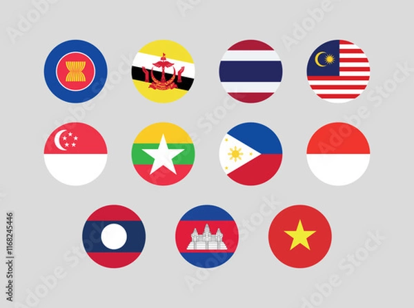 Fototapeta 
Flag of All ASEAN member countries. ASEAN countries round flag Bundle.