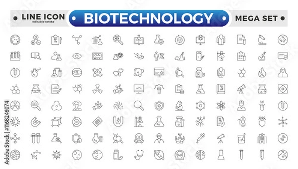 Fototapeta Set of outline icons related to biotechnology, biochemistry, farming, science. Lab and science line icon set. Laboratory equipment icons. Flask, microscope, syringe. Editable stroke outline icon.