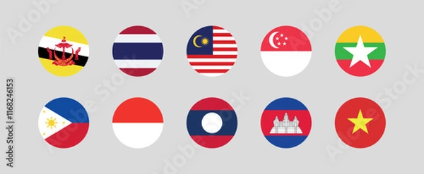 Fototapeta 
Flag of All ASEAN member countries. ASEAN countries round flag Bundle.