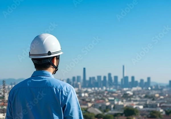 Fototapeta 作業着 - 男性  - 建築 - ヘルメット - 青空 - 都市