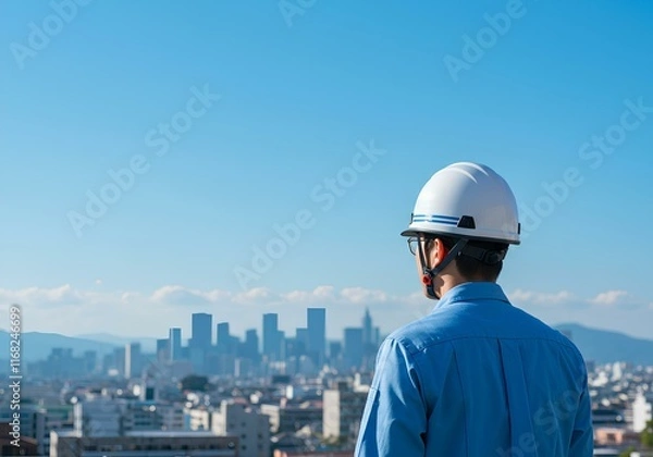 Fototapeta 作業着 - 男性  - 建築 - ヘルメット - 青空 - 都市
