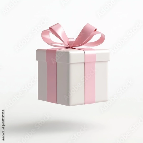 Fototapeta Elegant White Gift Box with Pink Ribbon and Bow Floating in Air