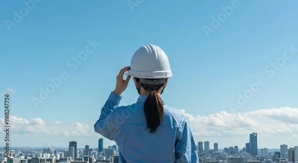 Fototapeta 作業着 - 女性  - 建築 - ヘルメット - 青空 - 都市