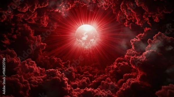 Fototapeta A breathtaking view of a crimson sun surrounded by dark, swirling clouds, evoking a mystical and dramatic atmosphere.