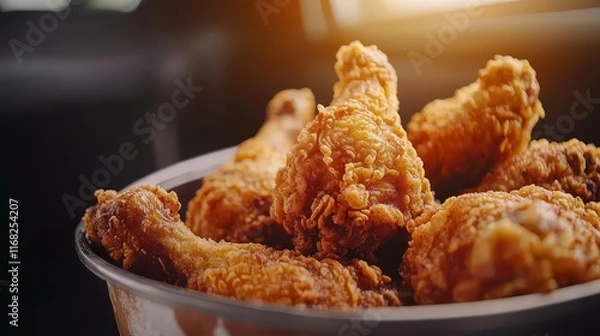 Obraz A close-up of crispy fried chicken drumsticks in a bowl, highlighted by warm sunlight, showcasing their golden texture and appetizing appearance.