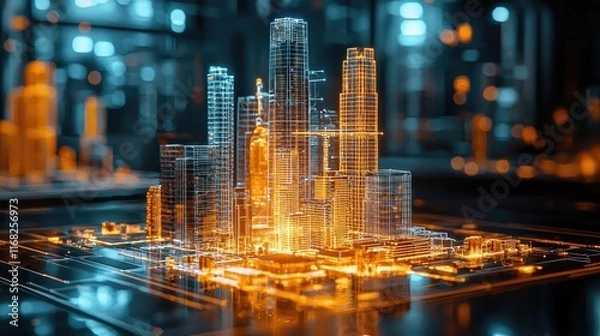 Fototapeta The digital metropolis is depicted in a 3D style, showcasing technological advancement and urban development