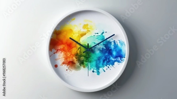 Fototapeta A modern wall clock with a simple, circular design, elevated by vibrant splashes of color that create a fun and playful atmosphere