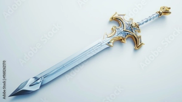 Obraz A silver and gold fantasy sword rests on a white background