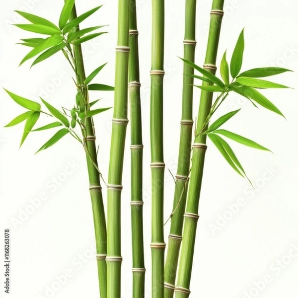 Obraz Lush Green Bamboo Stalks with Leaves Against a White Background for Nature and Tranquility Themes
