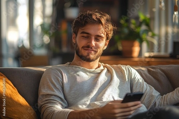 Obraz Relaxing young man smiling using smartphone on couch at home enjoying digital content in cozy indoor setting