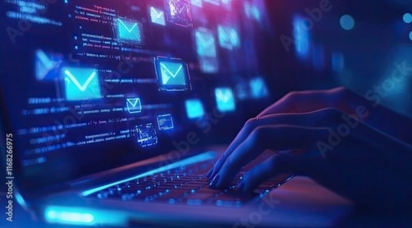 Fototapeta A close-up of a hand interacting with a glowing touchscreen, showcasing vibrant colors and digital interface elements.