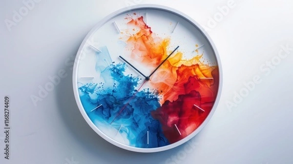 Fototapeta A modern wall clock with a simple, elegant design, accented by sporadic bursts of color that add a touch of sophistication