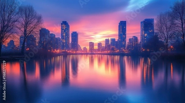 Fototapeta Urban Skyline at Sunrise: Serene Cityscape Reflection