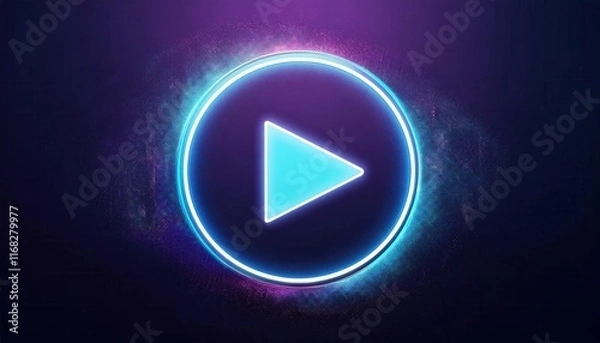 Fototapeta A glowing blue play button surrounded by a vibrant circular halo, set against a dark background, conveying a modern digital feel.