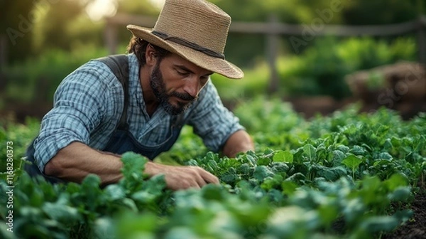 Fototapeta A Farmer Tending to His Garden