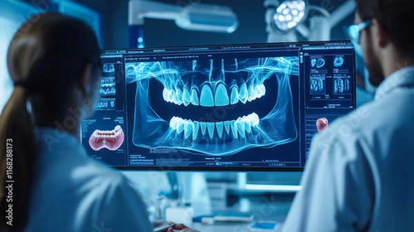 Obraz Dentist analyses a tooth X-ray holographic film. The concept of dental care, diagnostics, and precision in oral health treatment with modern technology. Generative AI.