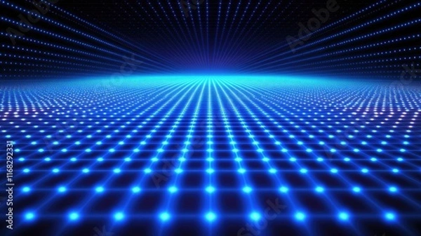 Fototapeta Digital matrix background with a grid of glowing blue lines and dots on a dark surface. Futuristic and tech-inspired design.