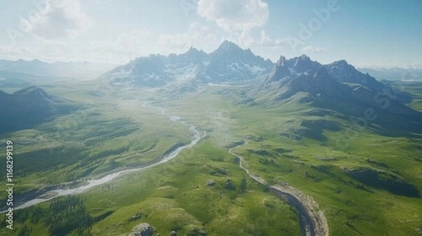 Fototapeta Aerial View of Serene Mountain Valley and River