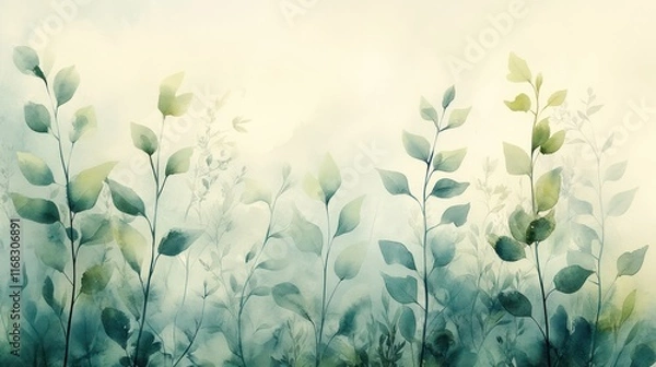 Fototapeta Serene Watercolor Botanical Illustration: Teal and Green Foliage in Misty Atmosphere