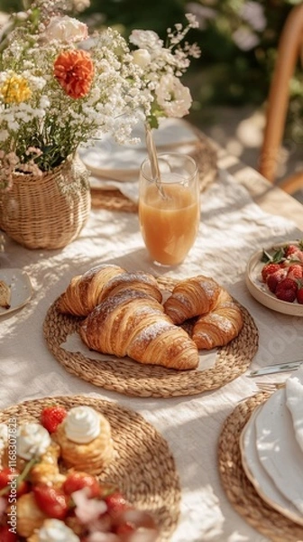 Fototapeta Freshly baked croissants served with flowers and refreshing juice