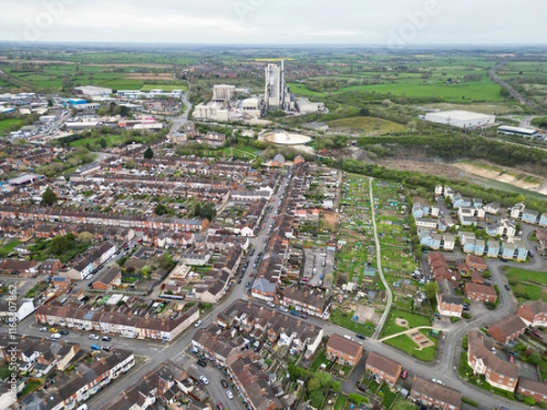 Fototapeta Downtown and Central Rugby City of Warwickshire, England Great Britain. Aerial View Was Captured with Drone's Camera During Mostly Cloudy and Rainy Day on April 8th, 2024 from Medium High Altitude.