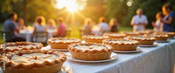 Fototapeta Dessert table featuring pies at garden party sunset, celebration of Pi Day