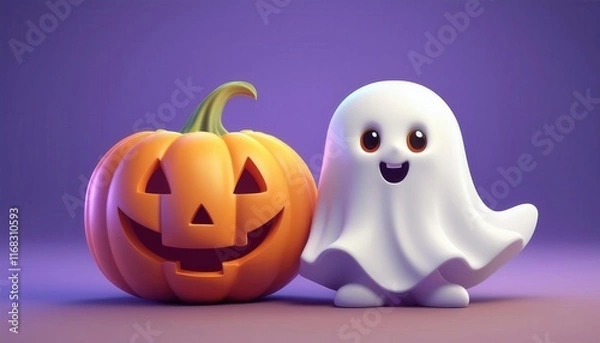 Fototapeta A cheerful ghost stands next to a carved pumpkin, embodying the playful spirit of Halloween with a whimsical design and vibrant colors.