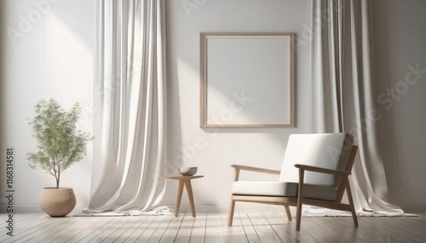 Fototapeta A modern, minimalist interior featuring a wooden chair, side table, potted plant, and light curtains in a serene, uncluttered space.