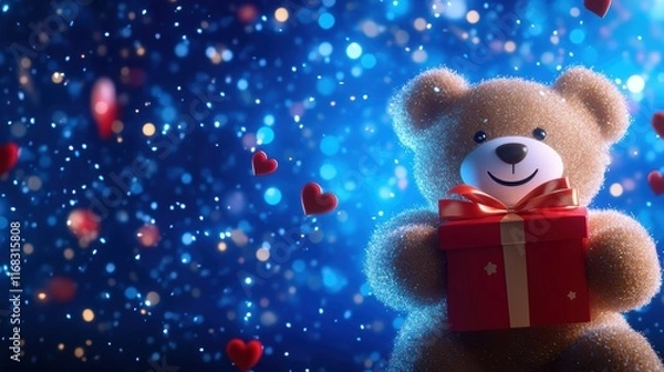 Obraz Festive Teddy Bear Holding a Gift with Sparkling Background.