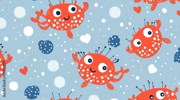 Fototapeta The cute and careful whale shapes scattered throughout the image give a happy and cheerful impression, an element that attracts children into a fantasy world full of wonder