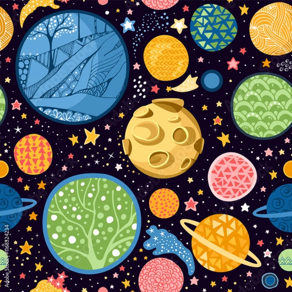 Obraz Space seamless pattern with colorful planets and stars