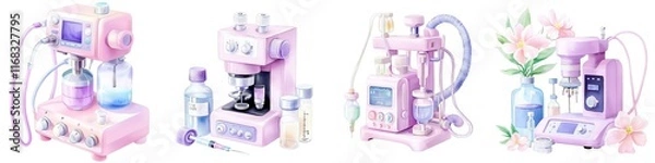 Obraz Medical tools surgical concept. Colorful collection of skincare machines with a soft pink aesthetic for beauty and wellness applications.