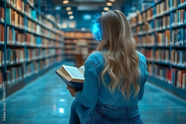 Obraz Woman reading book in library, AI concept.