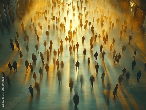 Obraz Crowd of people walking in a large hall, backlit by sunlight.