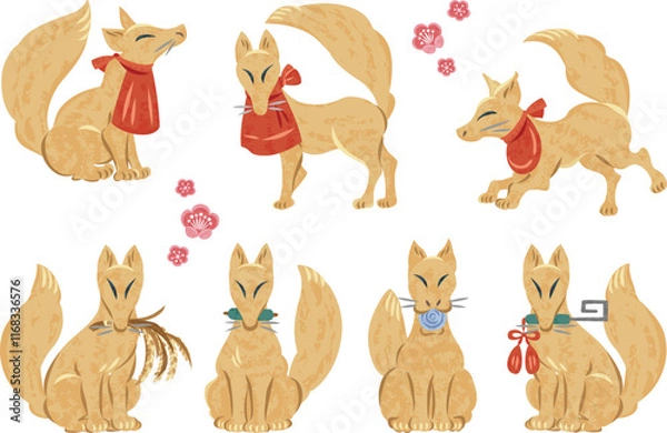 Obraz 色んなポーズをした神社のお稲荷さんのイラスト　走る　歩く　座る