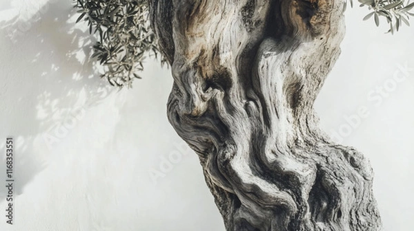 Fototapeta Close-up of ancient olive tree trunk texture against white wall.