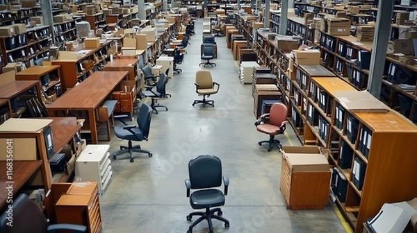 Fototapeta High-angle view of a large warehouse filled with office furniture, including desks, chairs, and boxes.