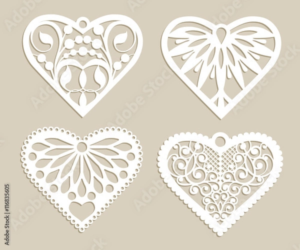 Obraz Set stencil lacy hearts with carved openwork pattern. Template for interior design, layouts wedding cards, invitations, etc. Image suitable for laser cutting, plotter cutting or printing. Vector
