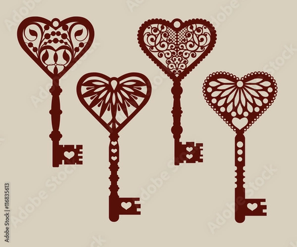 Obraz Collection of templates of decorative keys for laser cutting, paper cutting, stencil making. The image is suitable for interior design, props, wedding, Valentine's day, individual creativity