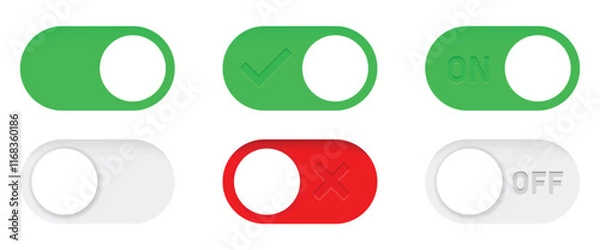Fototapeta On and Off toggle switch buttons. Switch toggle buttons ON OFF. Material design switch buttons set. Vector illustration.