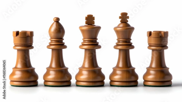 Fototapeta Set of elegant brown chess pieces arranged beautifully on a white background, perfect for strategic games and decor.