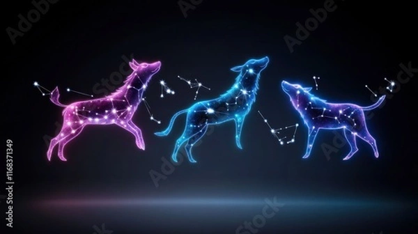 Fototapeta Three glowing dogs depicted as constellations in a dark background.