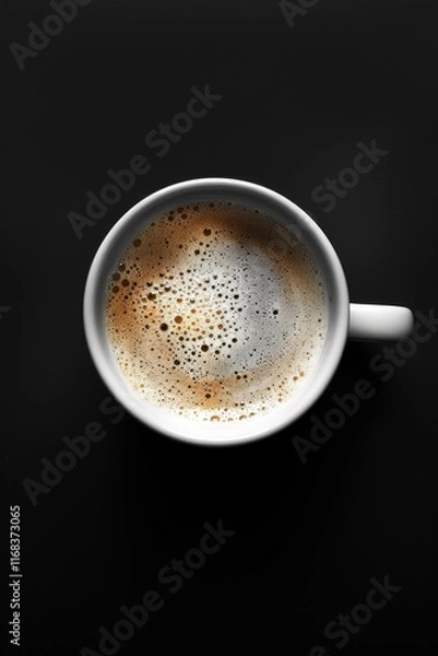 Fototapeta Overhead view of a white coffee cup filled with frothy espresso on black background