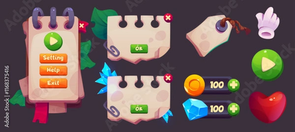 Obraz Game interface elements pack with notepad menu design. Spiral bound panels with navigation buttons, crystal and coin counters. RPG assets of heart health icon, play control, blue gems and green leaves