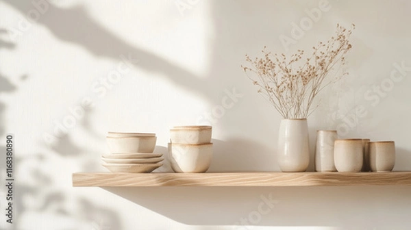 Fototapeta Minimalist shelf display with ceramic pots, bowls, and dried flowers, creating serene and elegant atmosphere. soft shadows enhance aesthetic appeal