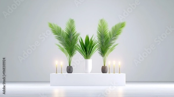Fototapeta A minimalist display of potted plants and candles on a platform.