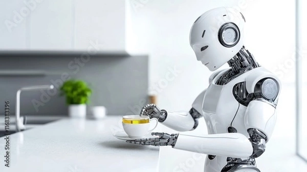 Fototapeta A humanoid robot delicately handles a cup in a modern kitchen.