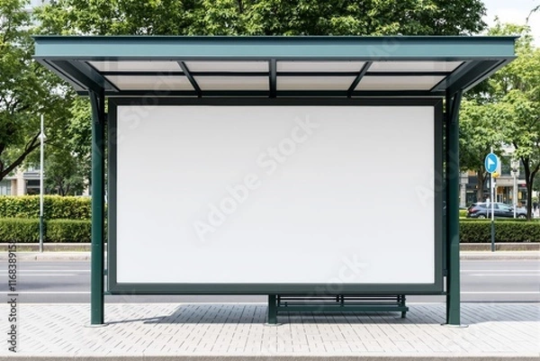 Fototapeta Blank billboard mockup at modern bus stop under green trees, placed on clean pavement, ideal for advertisement or presentation.